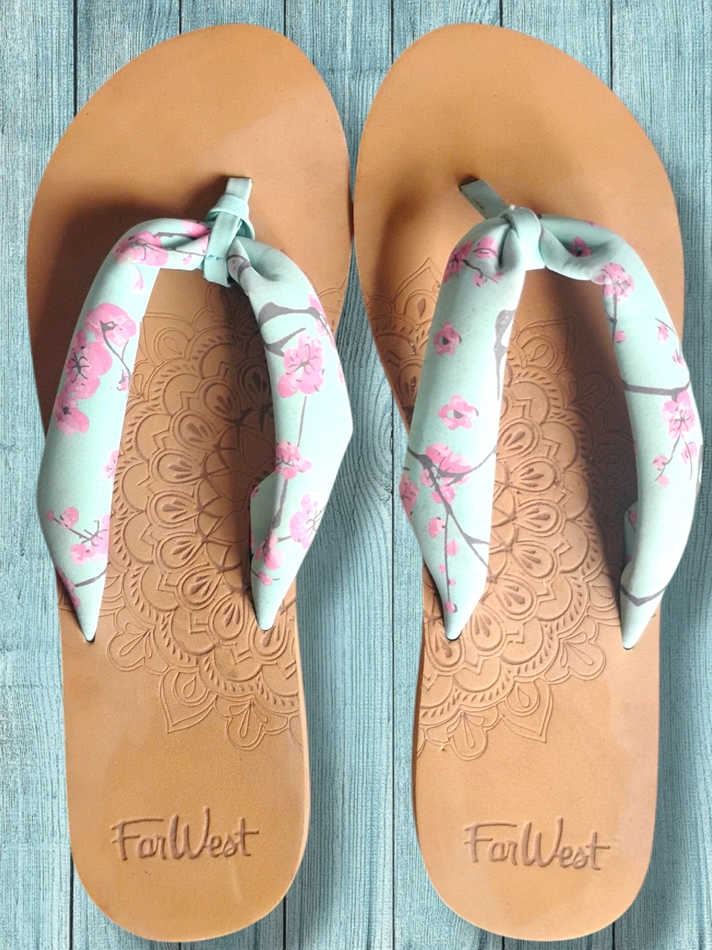 FARWEST - New Women's Teal & Pink Super Cute Floral Strap Tan Sandals Size 8